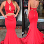 Two Pieces Prom Dress Special V Neck Keyhole Mermaid Backless Red Prom Dress-1