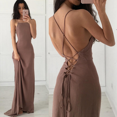 Sexy open back prom dress, spaghetti straps coffee graduation dress - Thumbnail 5