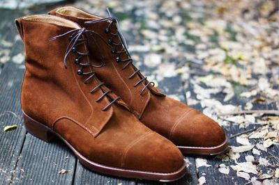 handmade men brown ankle high lace up suede boots