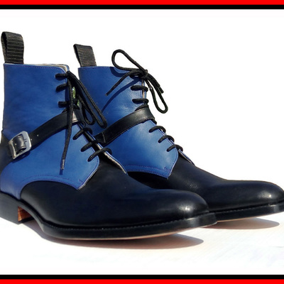 Handmade men black & blue ankle high boots for men - Thumbnail 4