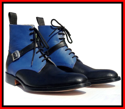 Handmade men black & blue ankle high boots for men