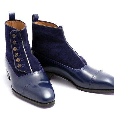 Handmade men button top blue leather & suede boots mens - Thumbnail 4