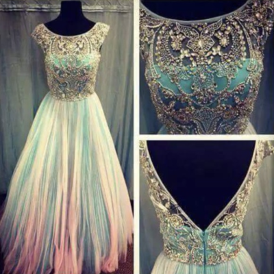 Open back tulle prom dresses scoop neck crystals women party dresses