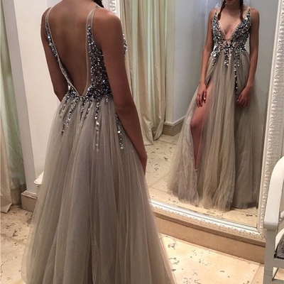 Open back long tulle prom dresses deep v-neck crystals women dresses