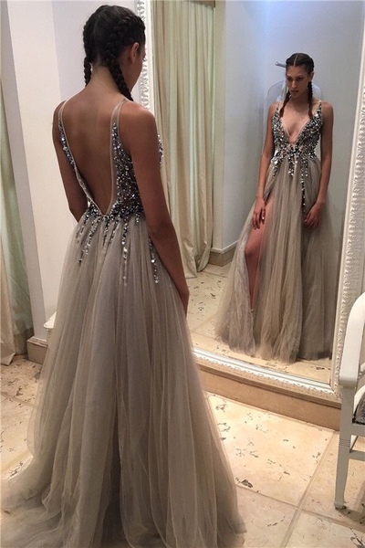 Open Back Long Tulle Prom Dresses Deep V-neck Crystals Women Dresses