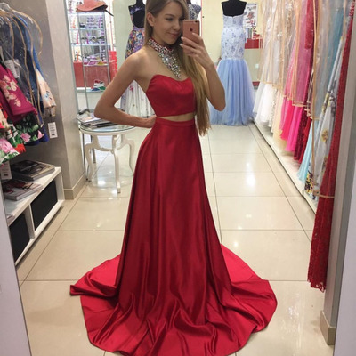 Two pieces red satin prom dresses floor length women dresses