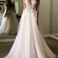 Champagne lace v neck long prom dress,lace evening dresses - Thumbnail 1