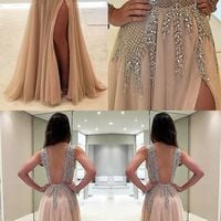Gorgeous V-Neck Champagne A-Line Split-Front Long Prom Dress with Beading - Thumbnail 2