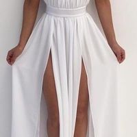 Floor Length White Chiffon Deep V Neck Side Slit Long PromDress, Prom Dress, Party Dresses - Thumbnail 1