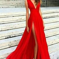 Split Red Deep V sexy Prom Dress,Custom Made Evening Dress - Thumbnail 1