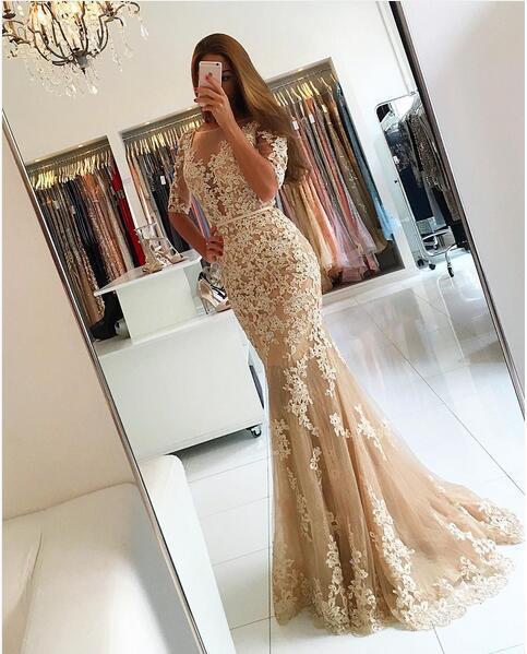 Champagne Prom Dress Sexy Long Lace Mermaid Prom Dresses 2017 New Scoop Open Back Half Sleeve Floor Length Formal Evening Gowns