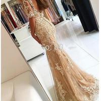 Champagne Prom Dress Sexy Long Lace Mermaid Prom Dresses 2017 New Scoop Open Back Half Sleeve Floor Length Formal Evening Gowns - Thumbnail 1