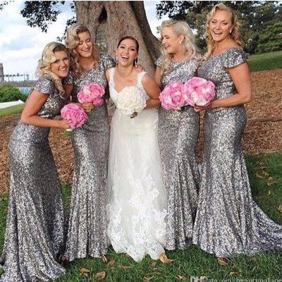 Silver bridesmaid dress mermaid cap sleeves bridesmaid dresses long sequins lace bridesmaid dress - Thumbnail 5