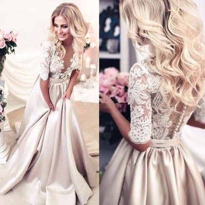 Elegant champagne a-line long evening dress vintage lace muslim robe de soiree custom cheap evening gowns - Thumbnail 4