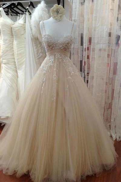 Spaghetti Straps A-line Tulle Prom Dresses Lace Appliques Women Dresses