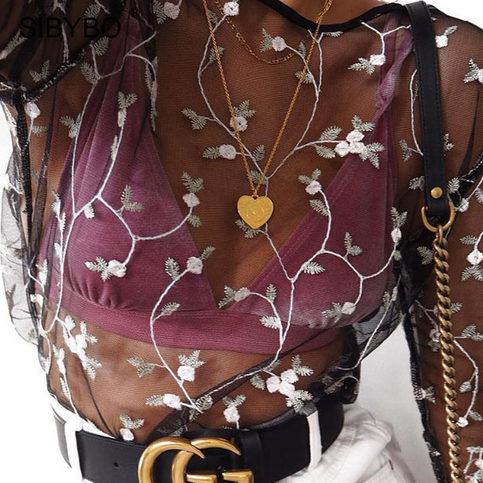 Mesh Top With Embroidered Flowers