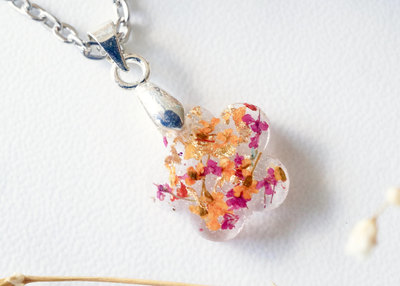 Real Dried Flowers in Moon Resin Necklace in Magenta Orange and Gold Flakes