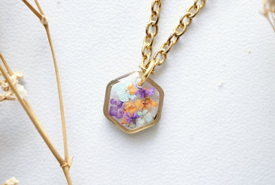 Real Dried Flowers in Resin Necklace, Small Gold Hexagon in Purples Oranges and Mint