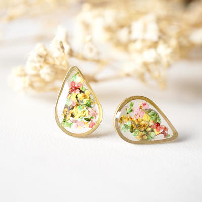 Real dried flowers and resin stud earrings, gold teardrop in yellow red pink green