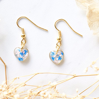 Real dried flowers and resin earrings, gold heart drops in blue and pink