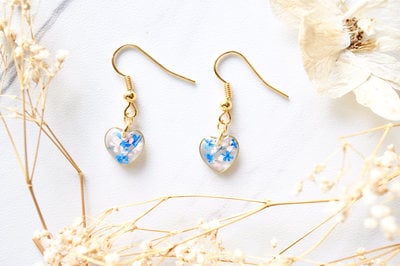 Real Dried Flowers and Resin Earrings, Gold Heart Drops in Blue and Pink