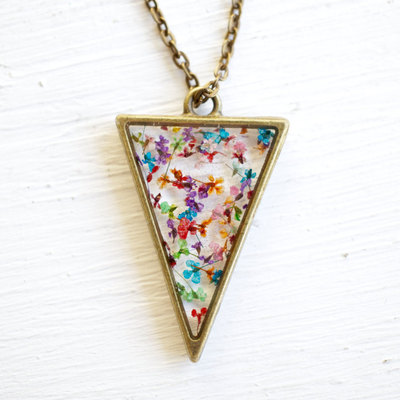 Real pressed flower and resin necklace in party mix (reds, oranges, yellows, greens, blues, purples, and pinks mix)