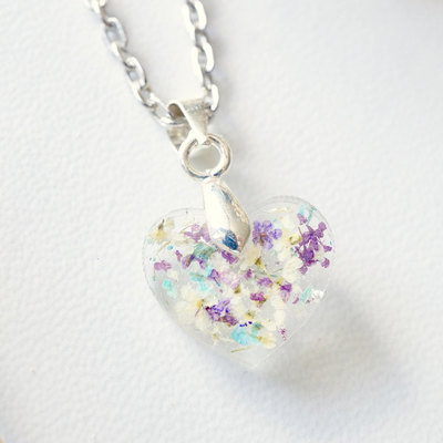 Real dried flowers in moon resin necklace in purples whites and mint