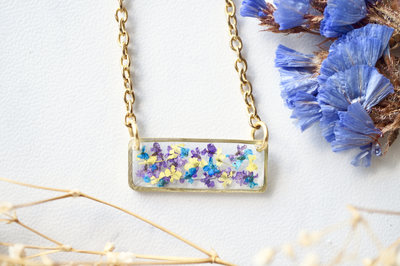 Real Dried Flowers and Resin Necklace, Gold Bar in Purple Yellow Blue
