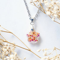 Real Dried Flowers in Moon Resin Necklace in Magenta Orange and Gold Flakes - Thumbnail 1