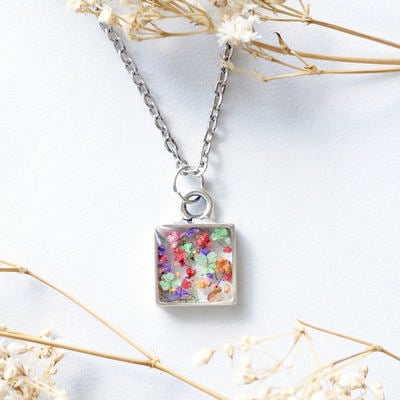Real dried flowers in resin necklace, silver square in red pink purple green orange