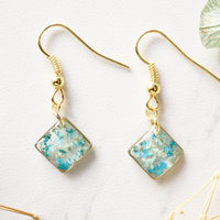 Real Dried Flowers and Resin Earrings, Gold Diamond Drops in Teal and Mint - Thumbnail 1