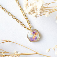 Real Dried Flowers in Resin Necklace, Small Gold Hexagon in Purples Oranges and Mint - Thumbnail 1