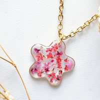Real Dried Flowers in Resin Necklace, Small Gold Frame in Pinks and Reds - Thumbnail 1