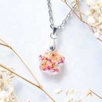 Real Dried Flowers in Moon Resin Necklace in Magenta Orange and Gold Flakes - Thumbnail 2