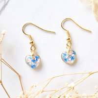 Real Dried Flowers and Resin Earrings, Gold Heart Drops in Blue and Pink - Thumbnail 1