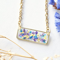 Real Dried Flowers and Resin Necklace, Gold Bar in Purple Yellow Blue - Thumbnail 1