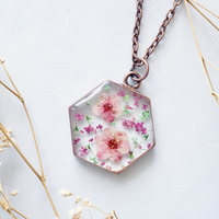 Real Dried Flowers in Resin Necklace, Copper Hexagon in Pinks and Green - Thumbnail 1