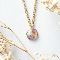 Real Dried Flowers in Resin Necklace, Small Gold Hexagon in Purples Oranges and Mint - Thumbnail 2