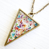 Real Pressed Flower and Resin Necklace in Party Mix (Reds, Oranges, Yellows, Greens, Blues, Purples, and Pinks Mix) - Thumbnail 1