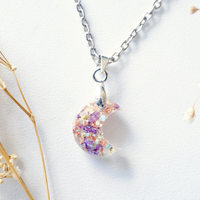 Real Dried Flowers in Moon Resin Necklace in Purples, Yellows, Mint and White with Rose Gold Flakes - Thumbnail 1