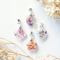 Real Dried Flowers in Moon Resin Necklace in Magenta Orange and Gold Flakes - Thumbnail 3