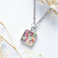 Real Dried Flowers in Resin Necklace, Silver Square in Red Pink Purple Green Orange - Thumbnail 1