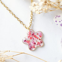 Real Dried Flowers in Resin Necklace, Small Gold Frame in Pinks and Reds - Thumbnail 2