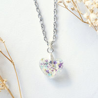 Real Dried Flowers in Moon Resin Necklace in Purples Whites and Mint - Thumbnail 2