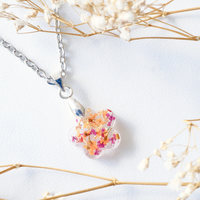 Real Dried Flowers in Moon Resin Necklace in Magenta Orange and Gold Flakes - Thumbnail 4
