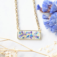Real Dried Flowers and Resin Necklace, Gold Bar in Purple Yellow Blue - Thumbnail 3