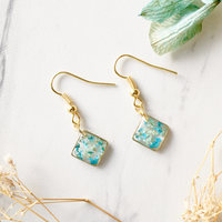 Real Dried Flowers and Resin Earrings, Gold Diamond Drops in Teal and Mint - Thumbnail 3