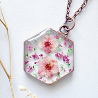 Real Dried Flowers in Resin Necklace, Copper Hexagon in Pinks and Green - Thumbnail 3