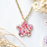 Real Dried Flowers in Resin Necklace, Small Gold Frame in Pinks and Reds - Thumbnail 3