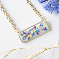 Real Dried Flowers and Resin Necklace, Gold Bar in Purple Yellow Blue - Thumbnail 4